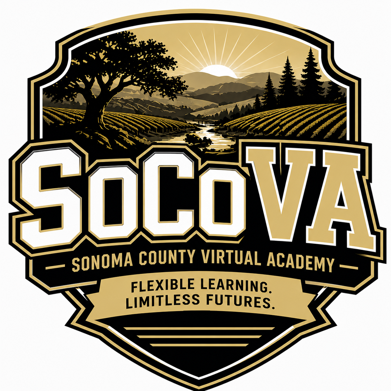 badge shaped logo in black and gold featuring rolling vineyards and trees with the sun rising in the back